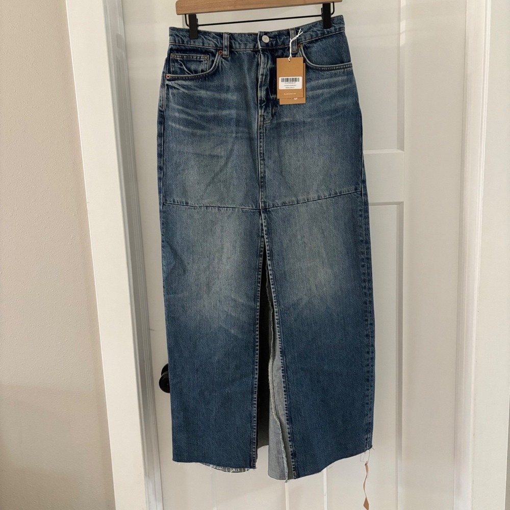 NWT Reformation Tazz Maxi Denim Skirt Blue High Waist Front Slit Size 27 New